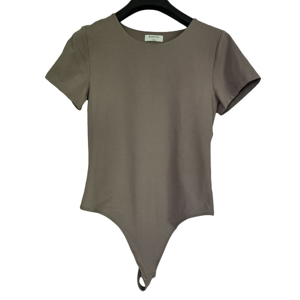Aritzia BABATON CONTOUR Crew Taupe Short Sleeve Bodysuit L
